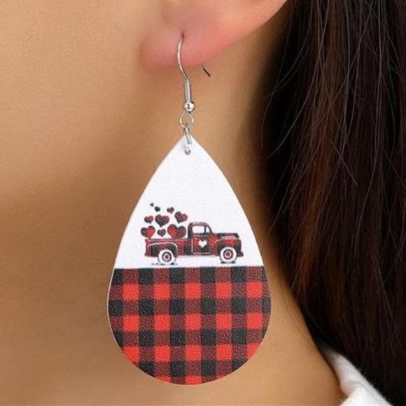 Heart Earrings Red Buffalo Plaid Truck Dangle Drop Dangling Valentines Jewelry - Picture 2 of 4